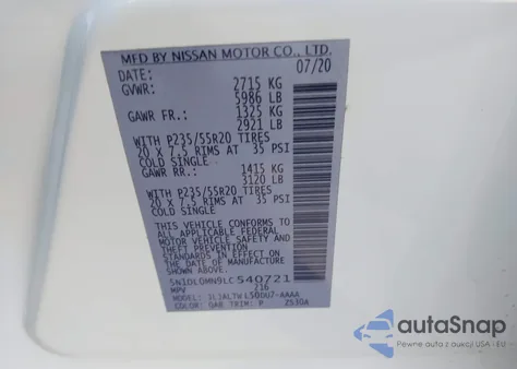 2020 Infiniti Qx60 Luxe z USA, uszkodzony, nr VIN 5N1DL0MN9LC540721